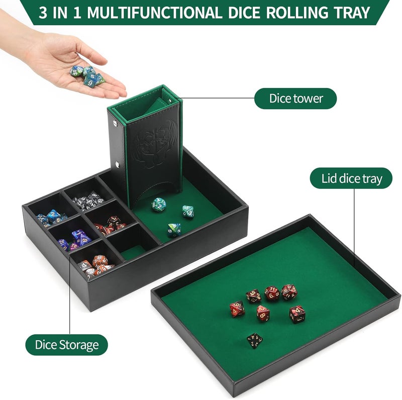 Grajar 3 in 1 Dice Tray with Lid, Portable Dice Box Storage, D&D RPG MTG Table Games (Green) - Image 3